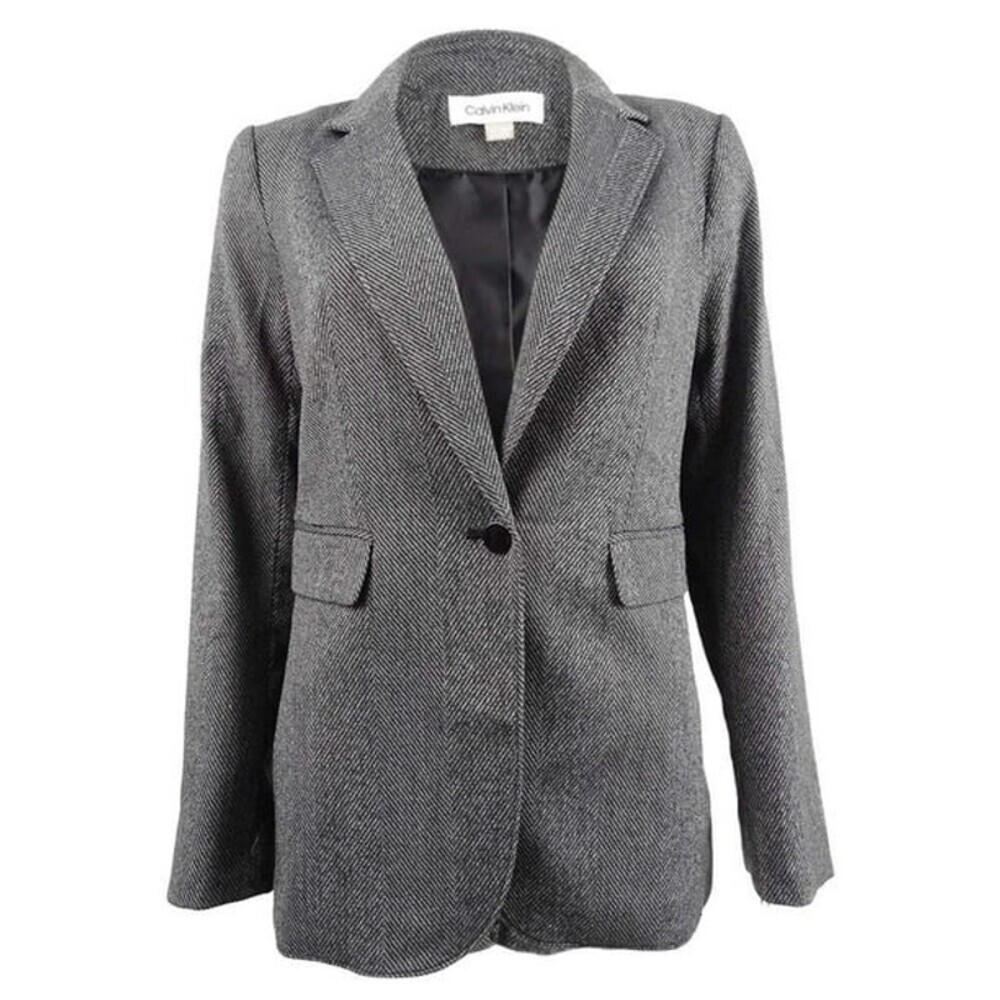 Calvin Klein Women's Herringbone Blazer, Sz 6, Gray Single Button Notched Lapel - Picture 1 of 16